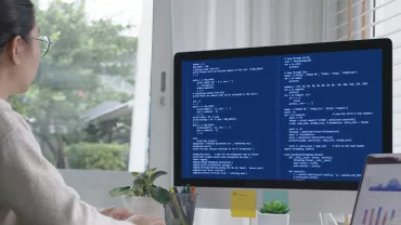 Person working on computer with code on screen, next to a window with plants.