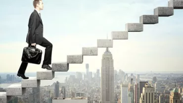 a man in a suit climbing up stairs, with a background of a city view