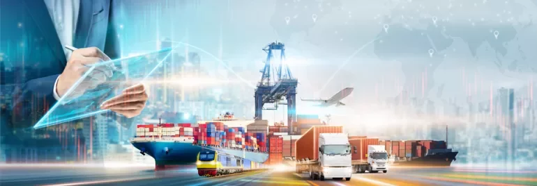 Person writing on transparent screen with global logistics in background.